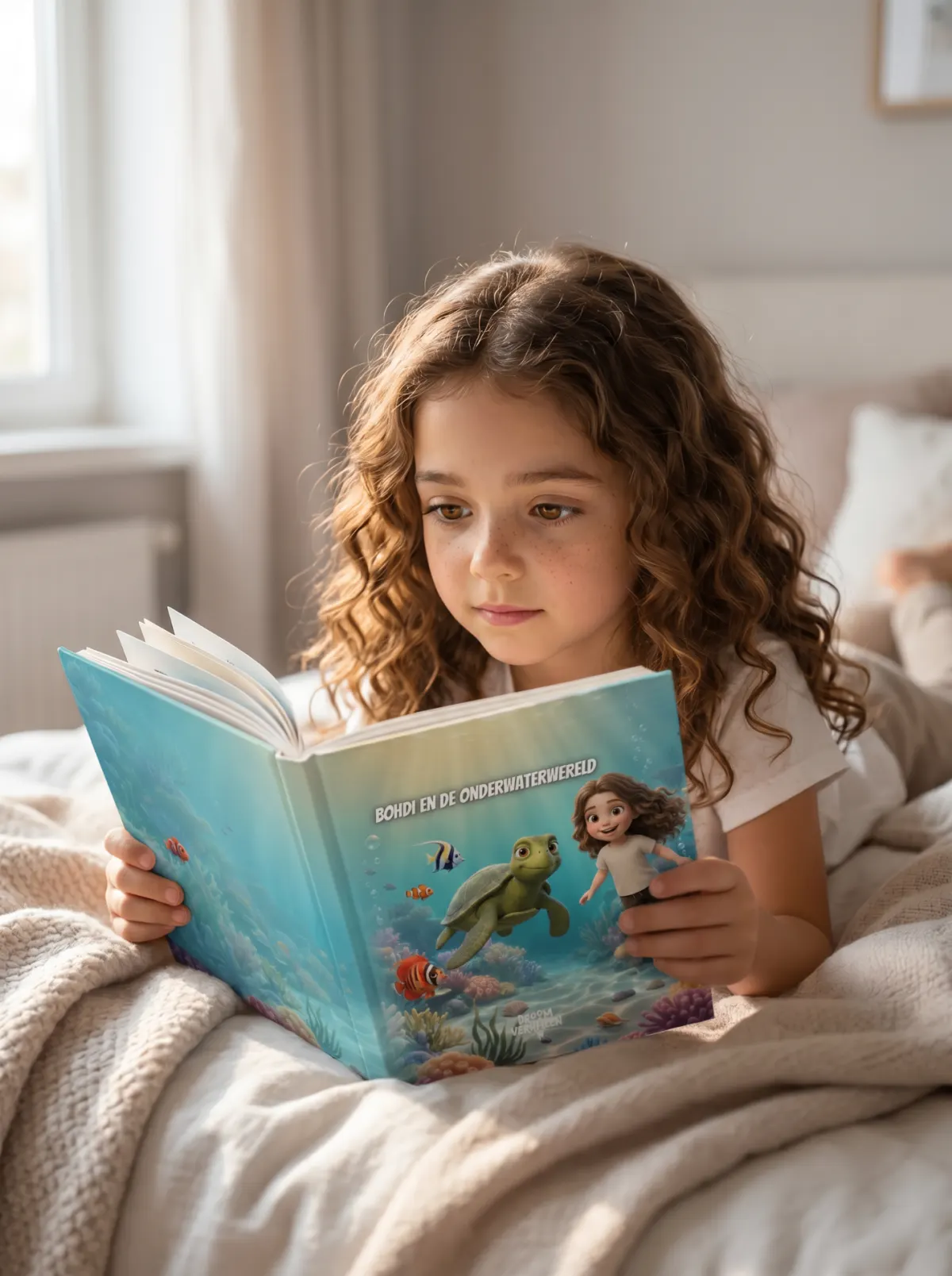 Moeder en dochter lezen samen het gepersonaliseerde Onderwaterwereld boek