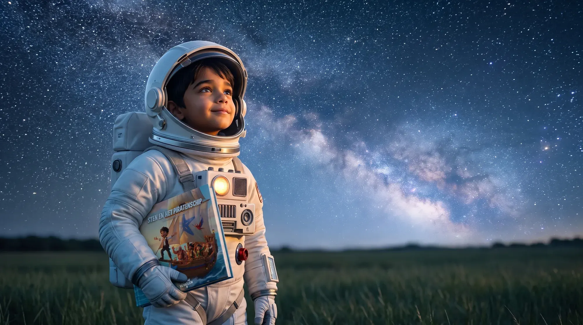 Een echte kinderfoto naast dezelfde jonge held als illustratie in het boek